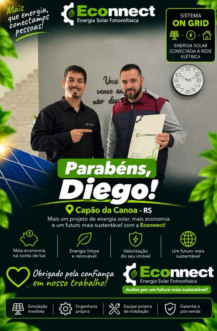 Post de entrega: Parabéns, Diego! Capão da Canoa, RS. Sistema On-Grid instalado pela Econnect.