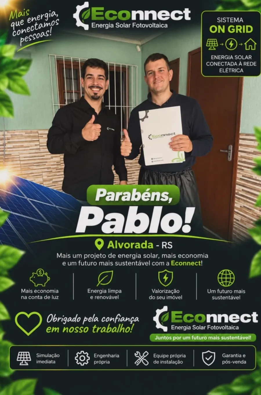 Post de entrega: Parabéns, Pablo! Alvorada, RS. Sistema On-Grid instalado pela Econnect.