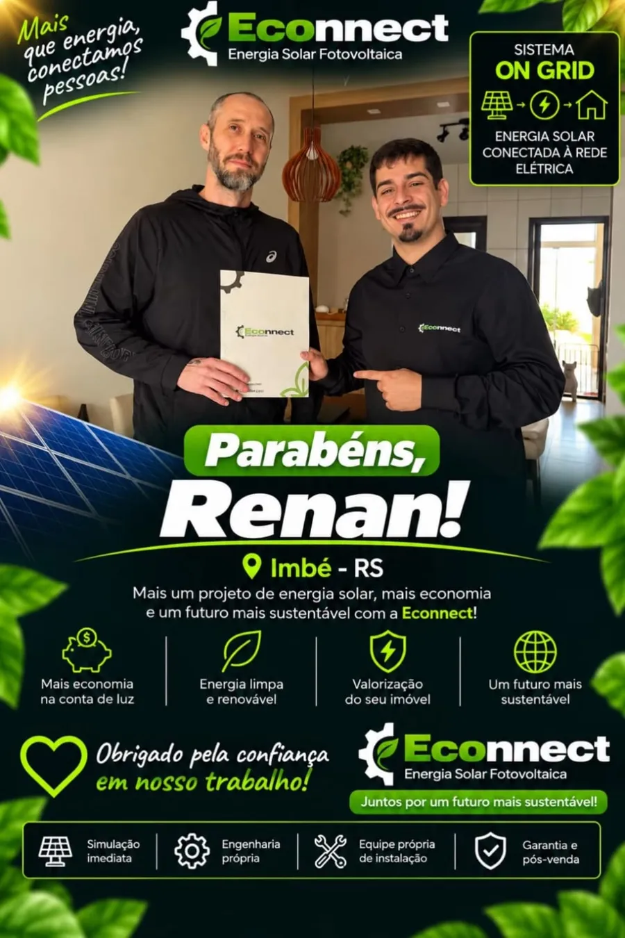 Post de entrega: Parabéns, Renan! Imbé, RS. Sistema On-Grid instalado pela Econnect.