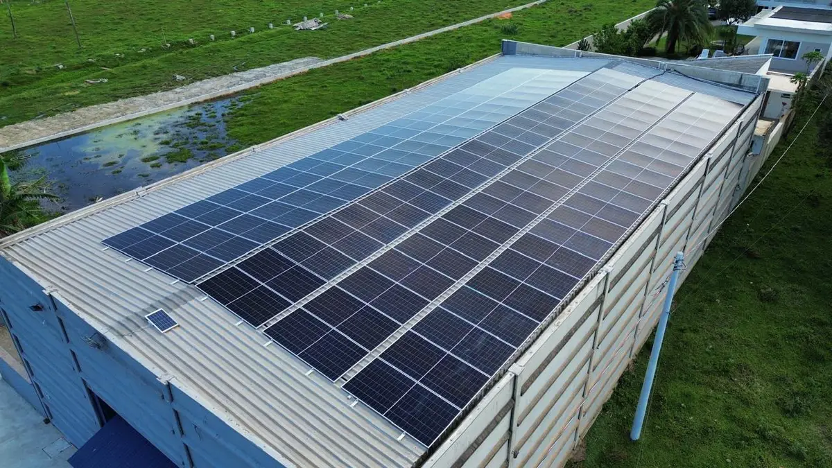Galpão com módulos fotovoltaicos no telhado e campo ao lado